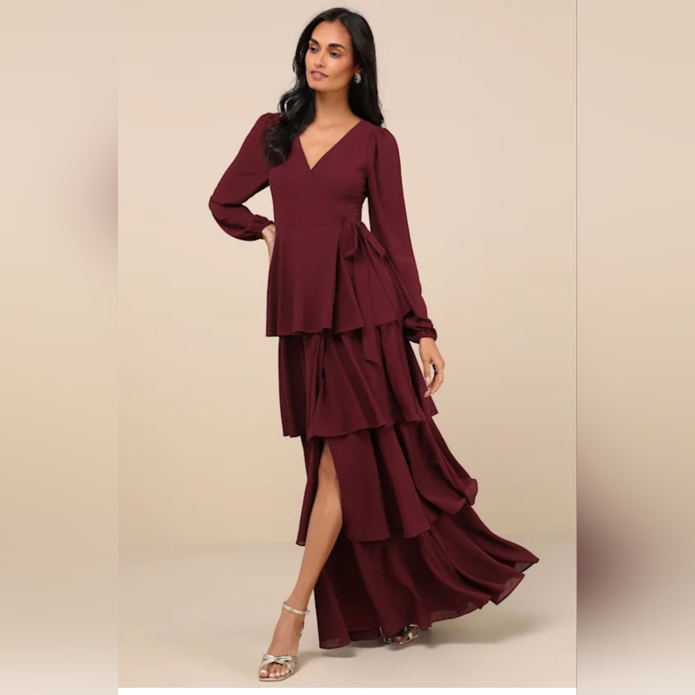 Lulus Marvelous Grace Plum Long‎ Sleeve Tiered Wrap Maxi Dress Womens Size XS